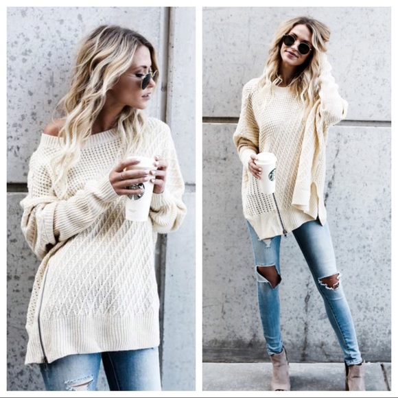 Cream Oversized Side Zipper Sweater - Picture 3 of 6